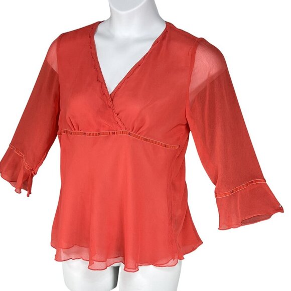 Y2K 90s Babydoll Top Womens L Red Chiffon Blouse 3/4 Bell Sleeve Sheer Ruffle - Picture 7 of 15